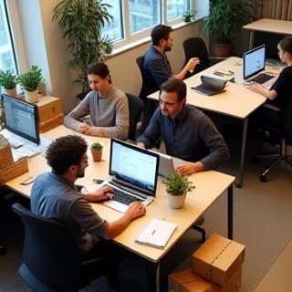 Équipe Parisian Express Logistic dans le bureau avec colis et ordinateurs portables