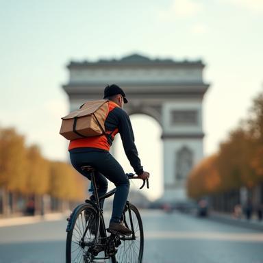 Livreur à vélo devant un monument parisien livrant un colis